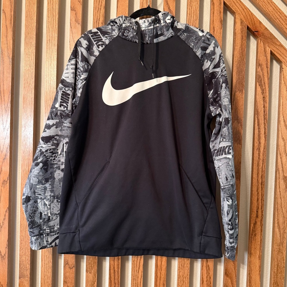 Sporty Streetwear Nike Dri-FIT Men's L Black Gray Graphic Pullover Hoodie